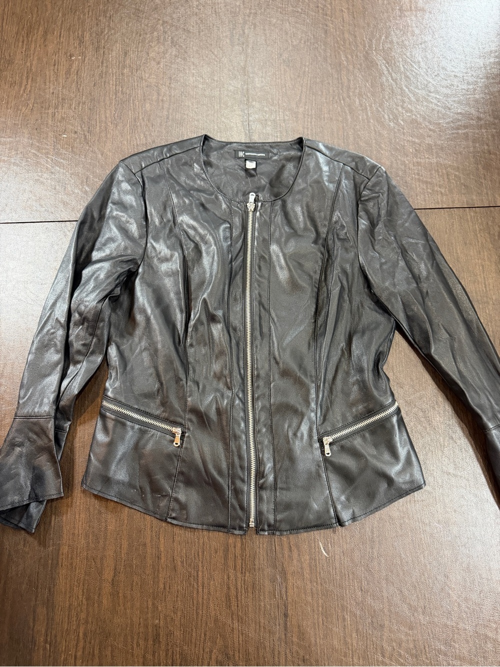 INC Black Women's Zip-Front Faux Leather Jacket Sz L